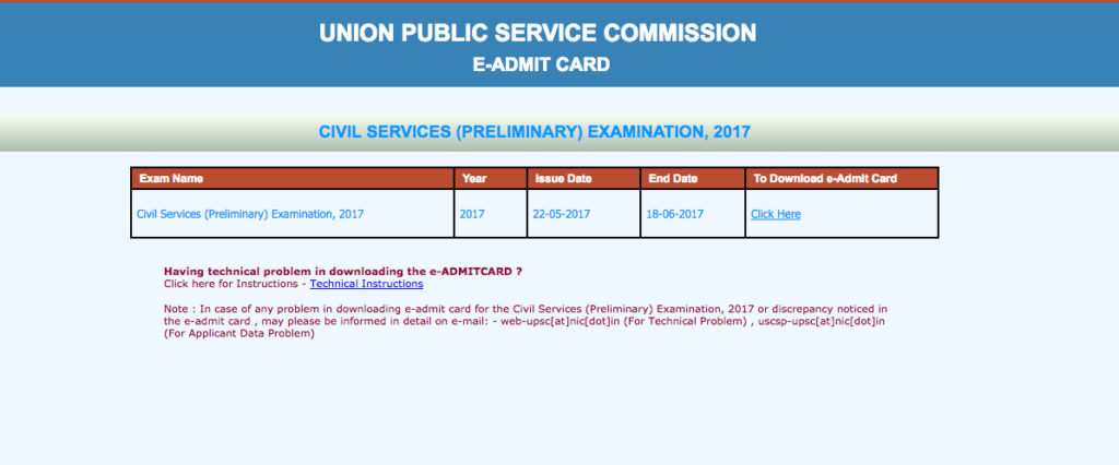 UPSC 2017 Admit Cards, CSE 2017 Admit cards download