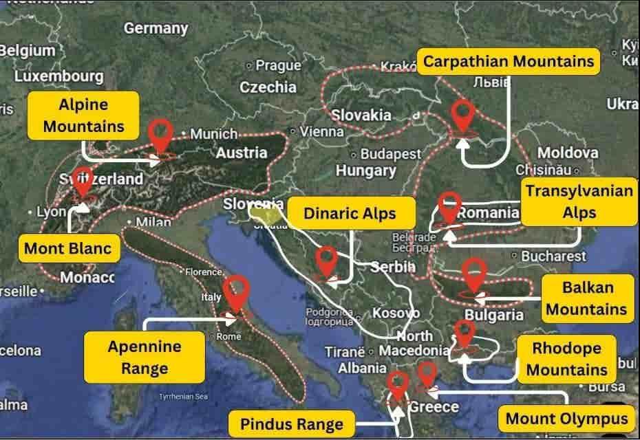 Dinaric Alps - from Slovenia to Albania

Mount Olympus - Greece - part of the Olympus Massif

Rhodope Mountains - Bulgaria and Greece

Transylvanian Mountains - (Romania)